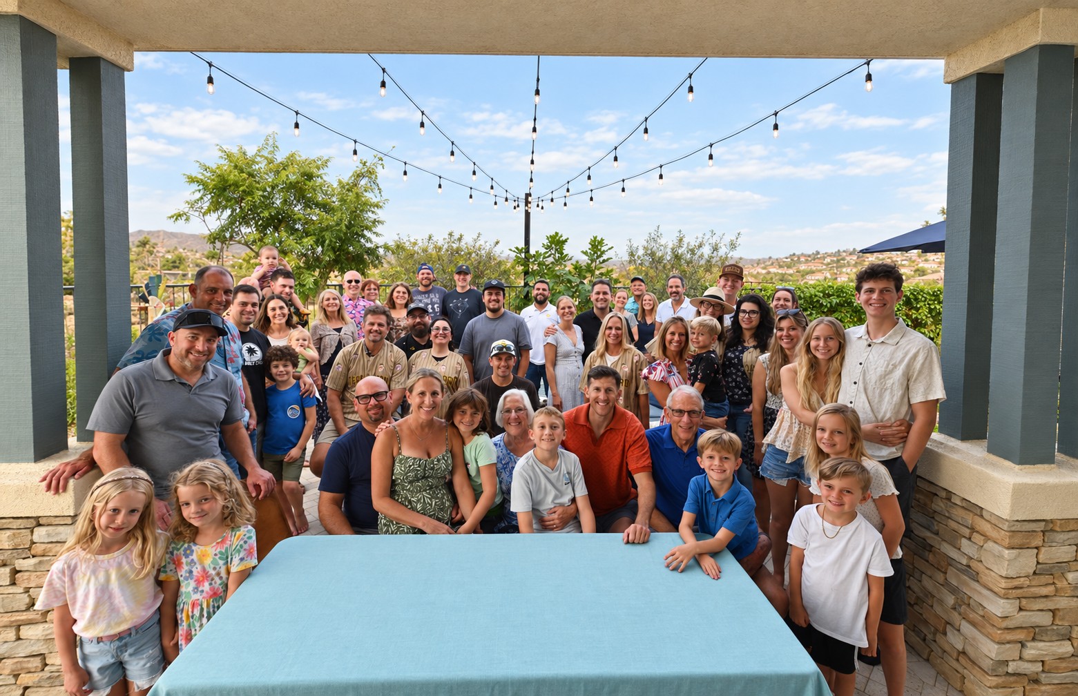 A family gathering together outdoors